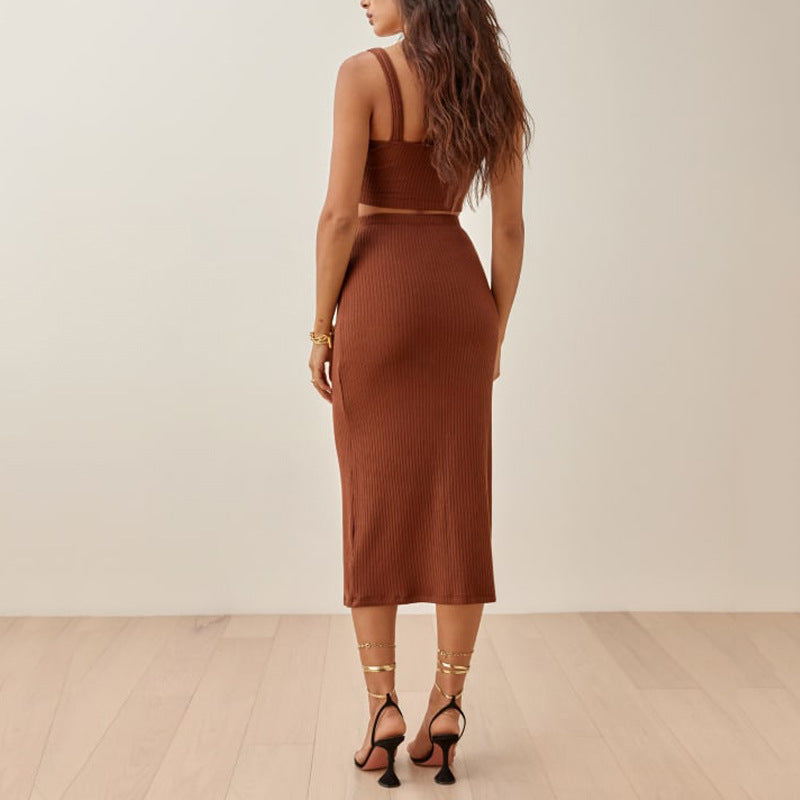 Women’s Matching Set – Ribbed Knit Crop Top and High-Waisted Midi Skirt – Slim Fit Breathable