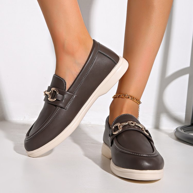 Women’s Loafers – Streamlined Fit – Flat Sole – Slip-On – Metal Accent – Polished Finish
