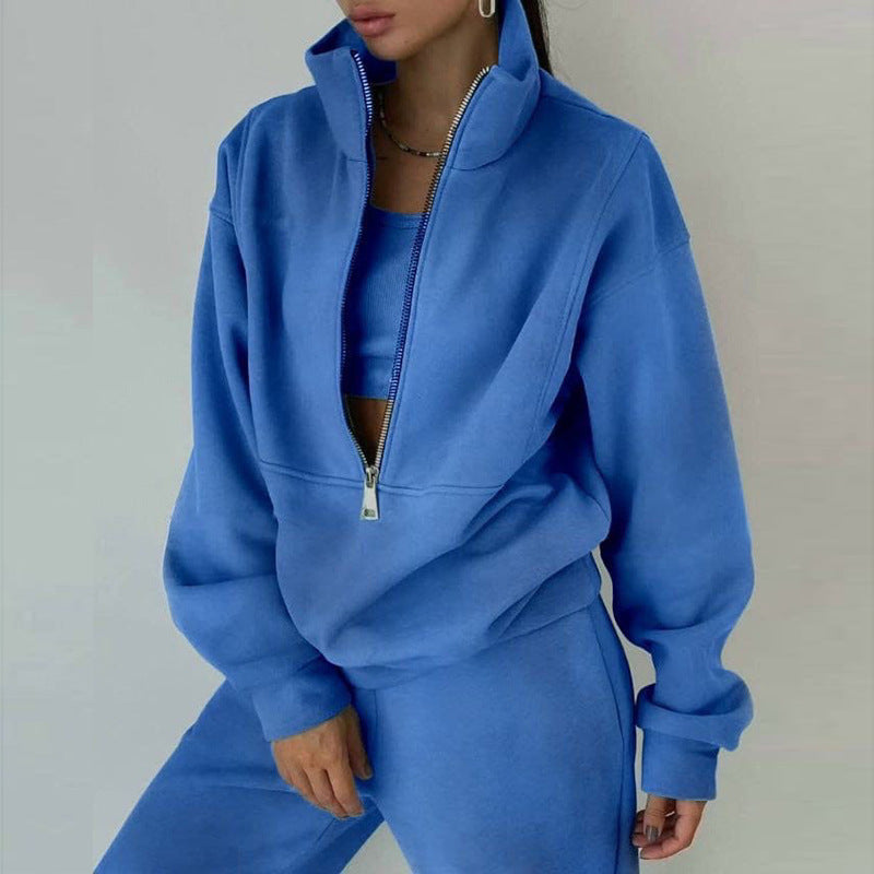 Women’s Tracksuit Set – Relaxed Fit – Half-Zip Pullover – Crop Layer – Full-Length Pants