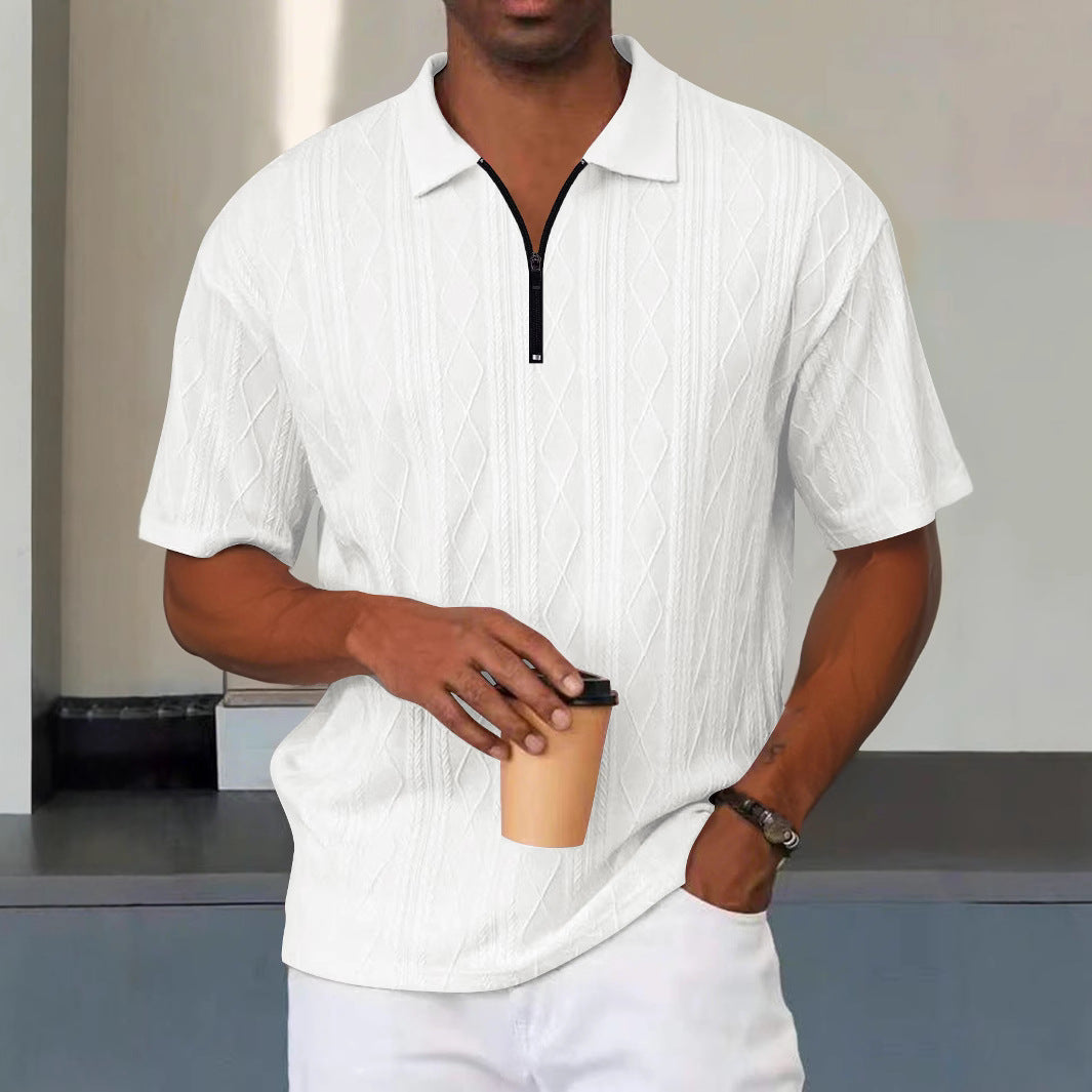 Men's Polo Shirt - Knit - Relaxed Fit - Zip Collar - Textured Cable Pattern