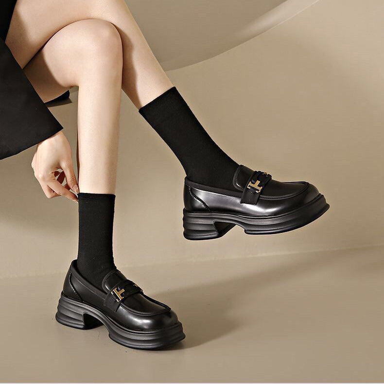 Women’s Loafers – Slip-On Fit – Chunky Sole – Leather-Like Finish – Metal Strap