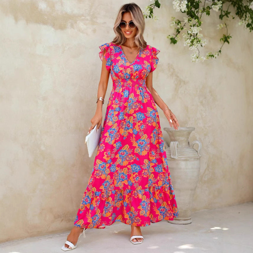 Women’s Maxi Dress – Sleeveless Relaxed Fit – V-Neck – Floral Print – Ruffle Detail