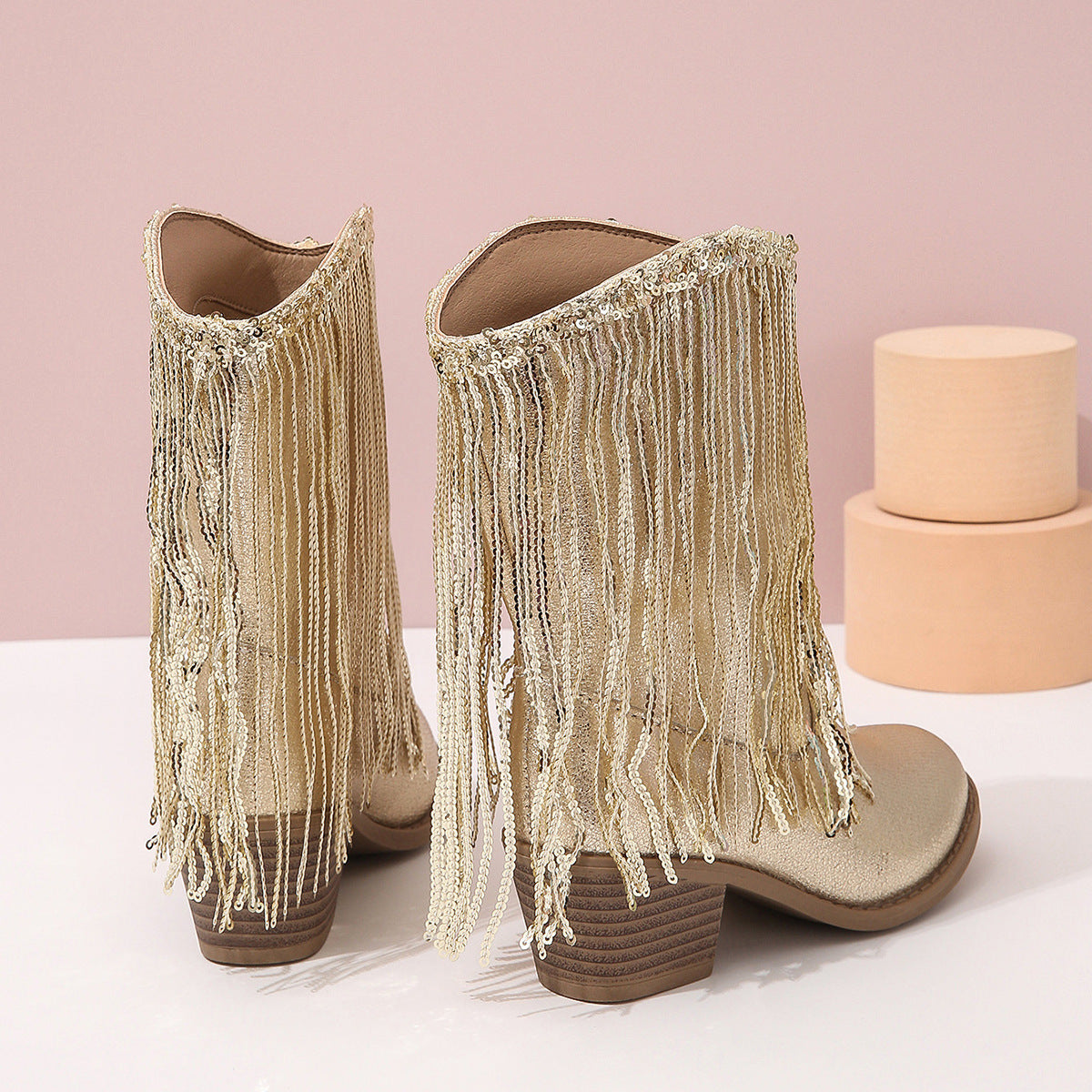 Women’s Mid-Calf Boots – Glossy Finish – Pointed Toe – Fringe – Sequin – Chunky Heel