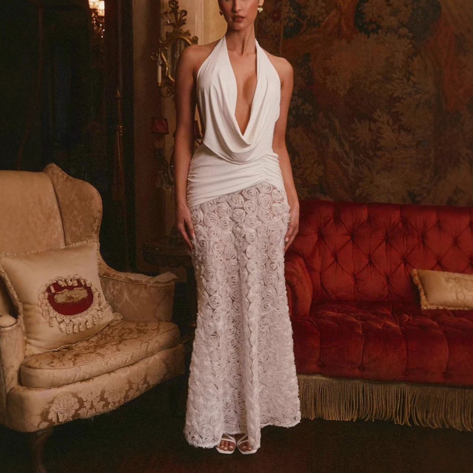 Women’s Evening Gown – Slim Fit – Silk-Like Halter Top – 3D Floral – Full-Length Skirt