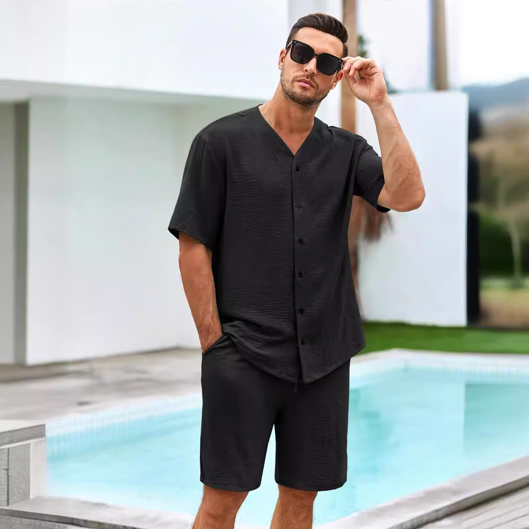 Men’s Two-Piece Set – Cotton Relaxed Fit V-Neck Shirt and Elastic Waist Shorts