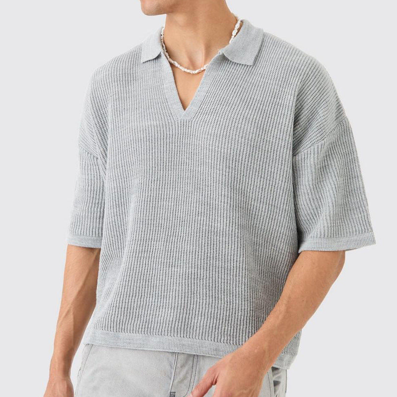 Men’s Short Sleeve Shirt – Relaxed Fit – Soft Knit – V-Neck Collar – Casual Wear