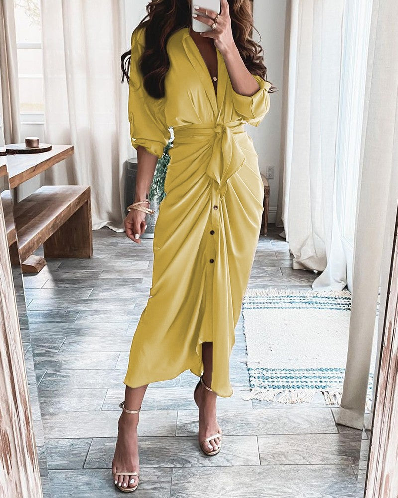 Women’s Maxi Dress – V-Neck – Button-Down – Tie Waist – Long Sleeve – Cotton