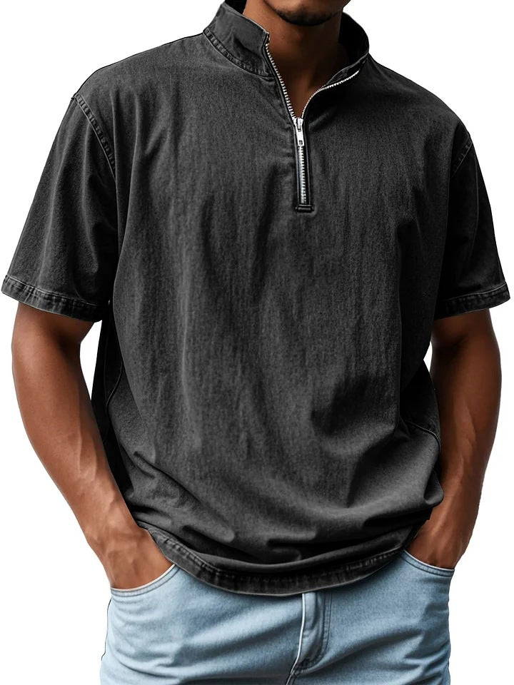 Men’s Short Sleeve Shirt – Fitted Cut – Stand Collar – Zip Front – Breathable Blend