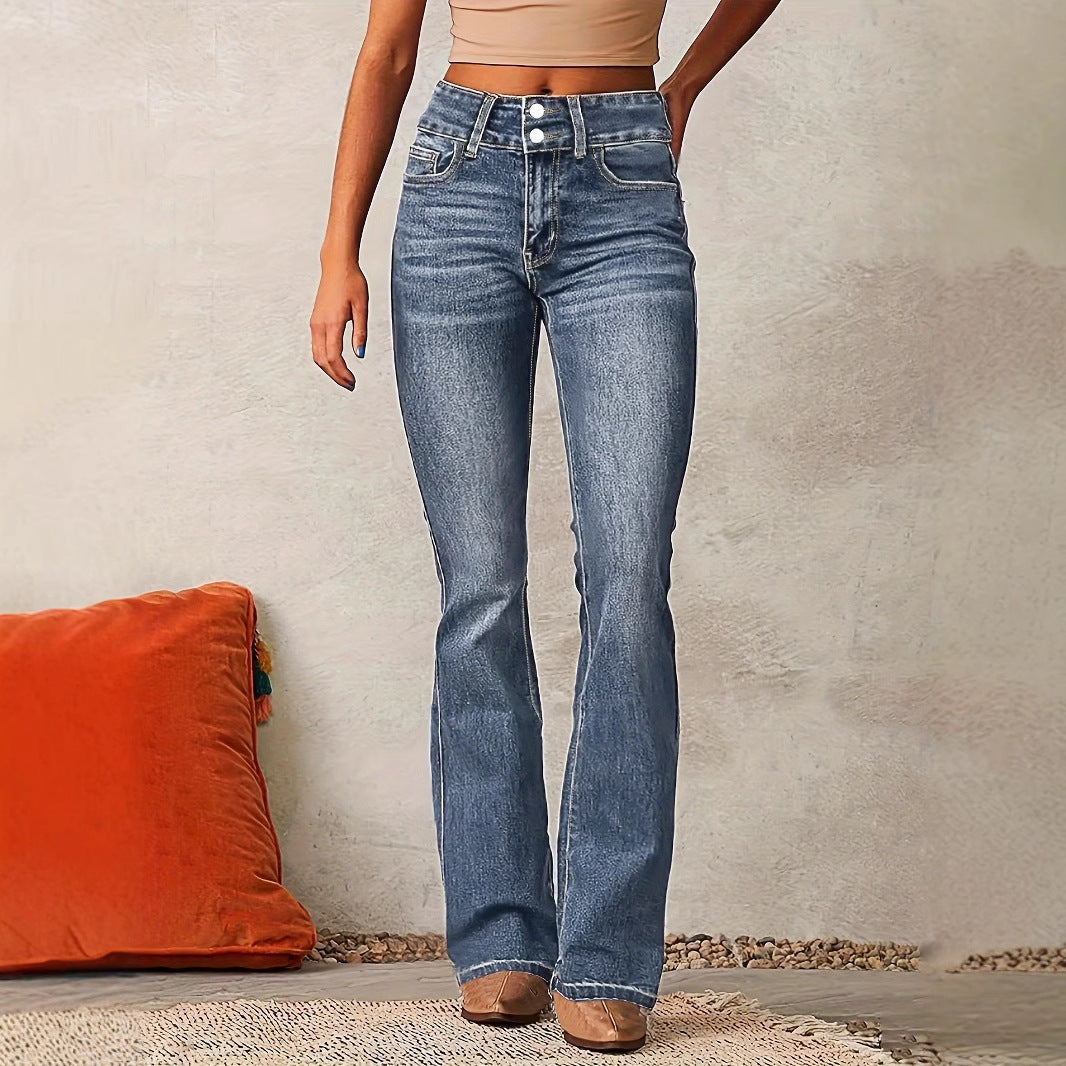 Women’s Flared Jeans – High Waist – Stretch Denim – Full Length Retro Fit