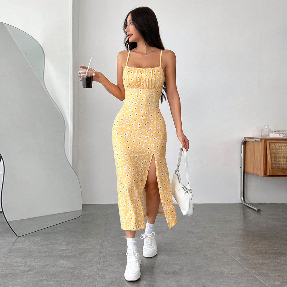 Women’s Midi Dress – Slim Fit – Spaghetti Straps – Side Slit – Floral Print – Cotton Blend