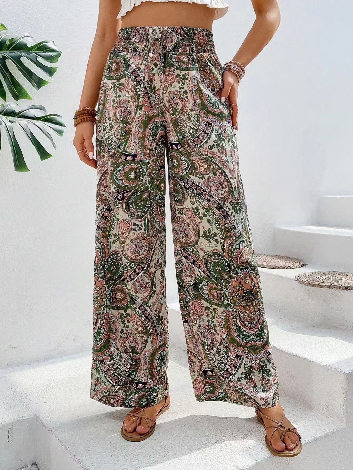 Women’s Wide-Leg Pants – Breathable Blend – Elastic Waist – Flowy Relaxed Fit
