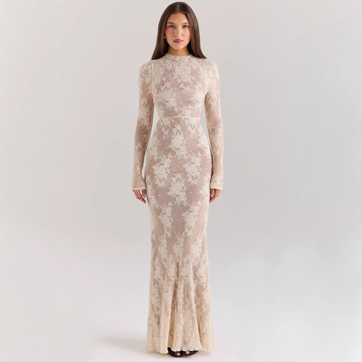 Women’s Lace Gown – Slim Fit – High Neck – Long Sleeve – Fishtail Hem Elegant Dress