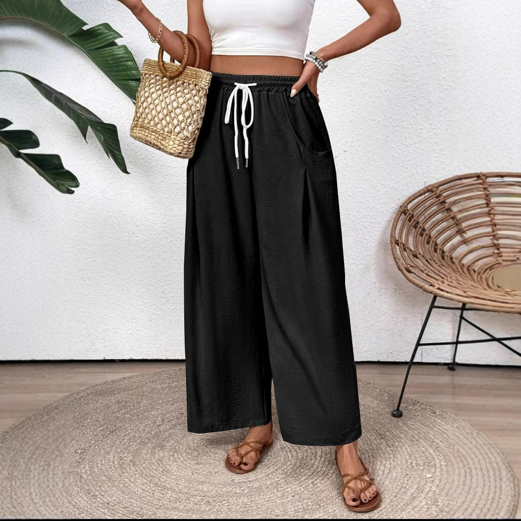 Women’s Wide-Leg Pants – Lightweight Cotton Blend – Drawstring Waist – Full Length