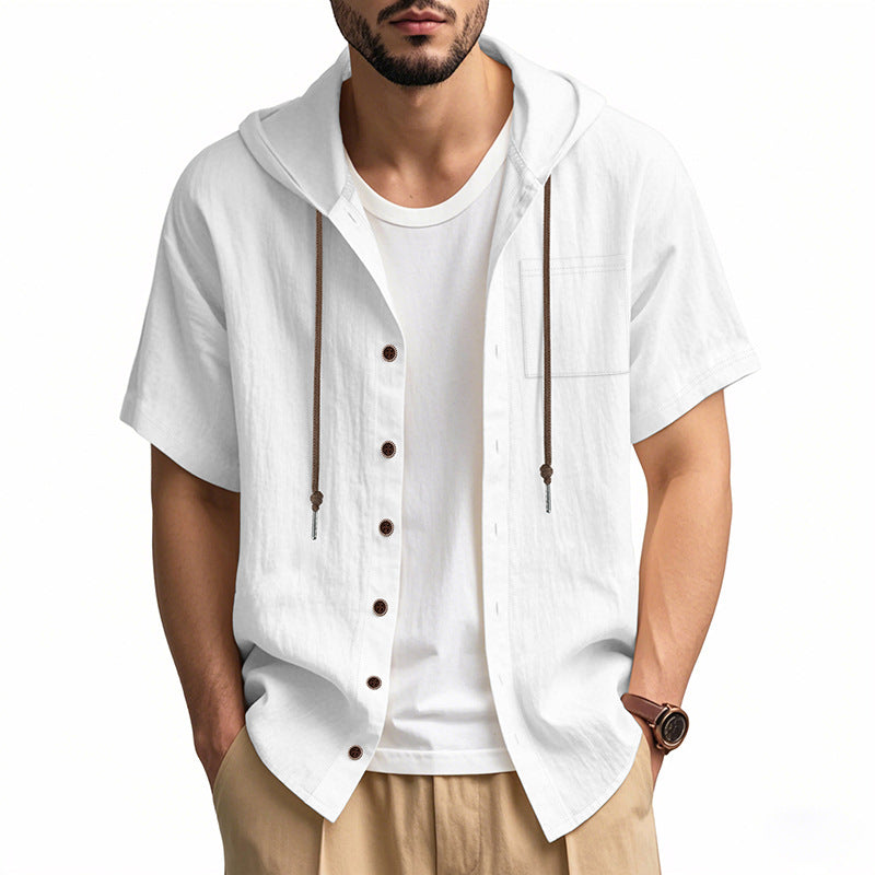 Men’s Hooded Shirt – Linen Blend – Relaxed Fit – Short Sleeve – Button-Up Casual