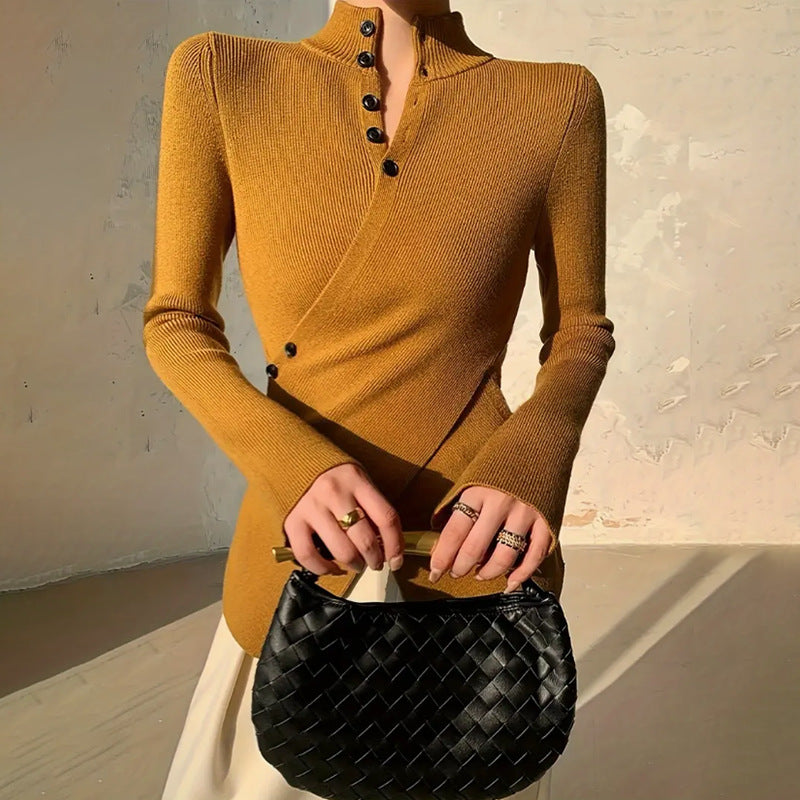 Women’s Knit Top – Slim Fit – High Neck – Long Sleeve – Asymmetric Hem – Button Detail