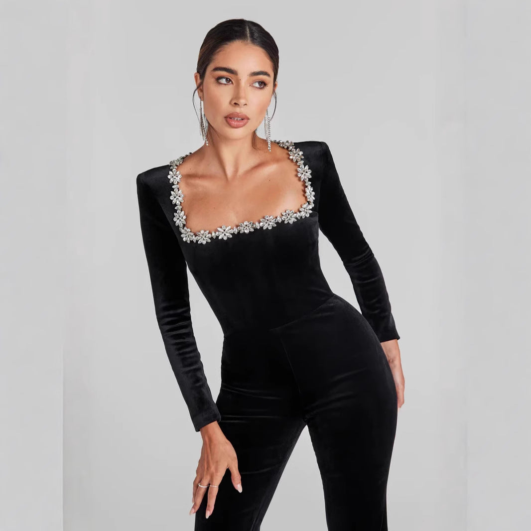 Women’s Jumpsuit – Velvet Fabric – Slim Fit – Embellished Neckline – Long Sleeve