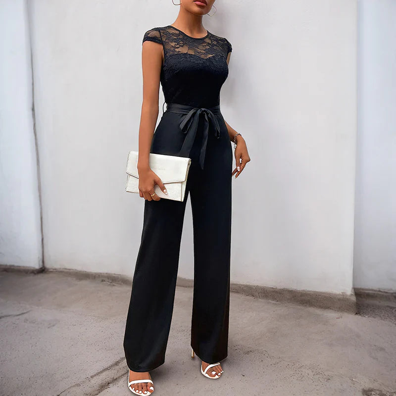 Women’s Jumpsuit – Tailored Fit – Lace Bodice – Belted Waist – Wide Leg – Cap Sleeve