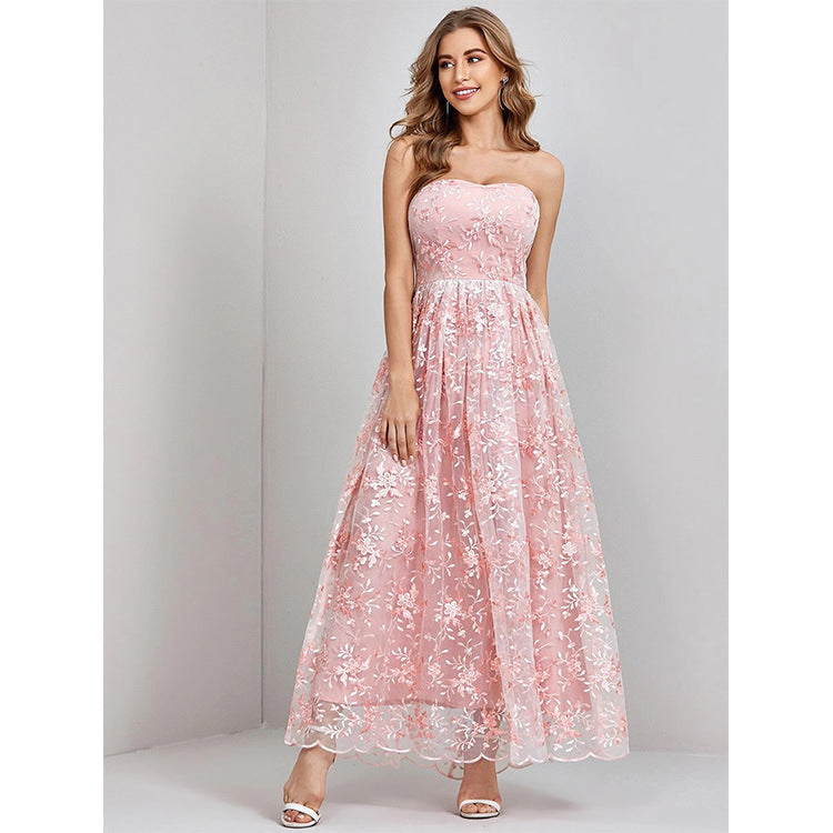 Women’s Evening Dress – Strapless – Embroidered Lace – Full-Length Flowy Fit