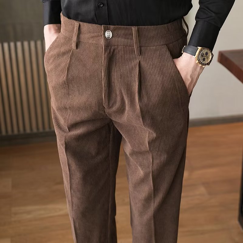 Men’s Corduroy Trousers – Slim Fit – Pleated Front – Full Length – Smart Casual