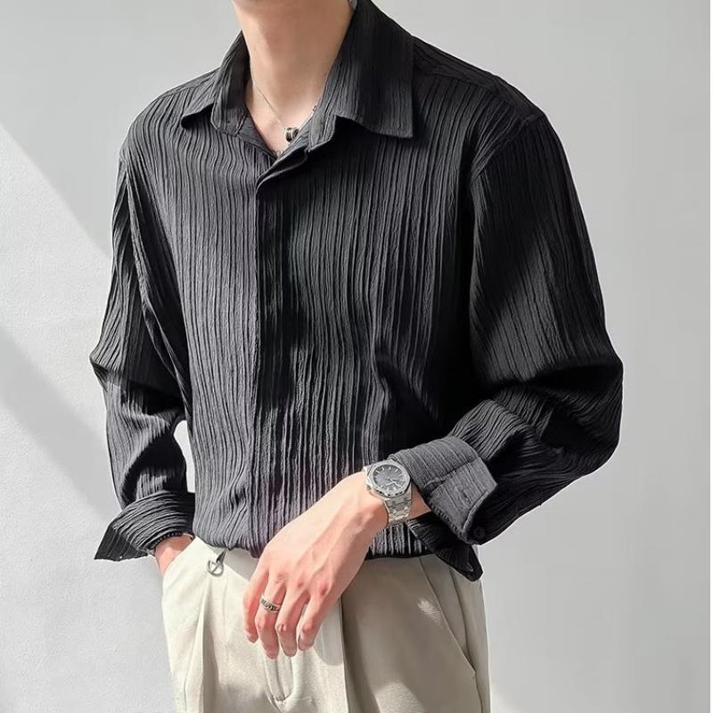 Men’s Long Sleeve Shirt – Relaxed Fit – Crinkle Texture – Button Down Casual Style