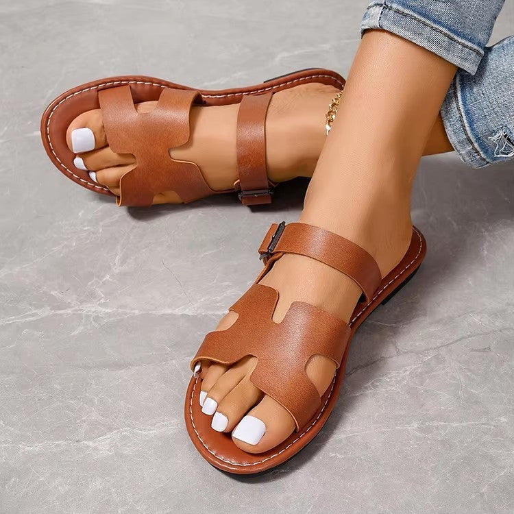 Women’s Sandals – Slip-On Open Toe – Adjustable Buckle – Flat Sole