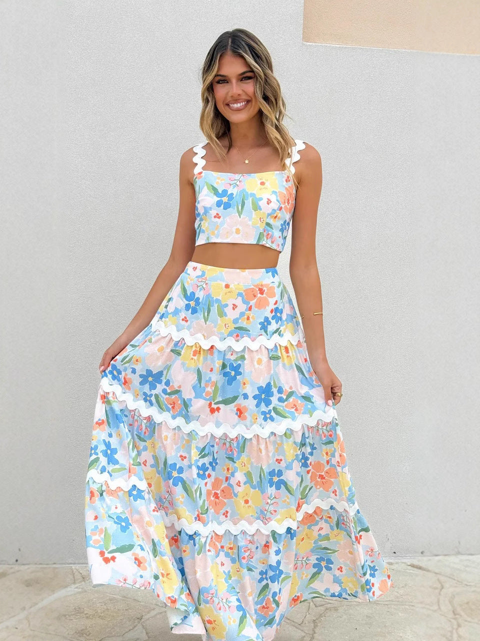 Women’s Two-Piece Set – Floral Camisole Crop Top – Tiered Maxi Skirt – Slim Fit Breathable