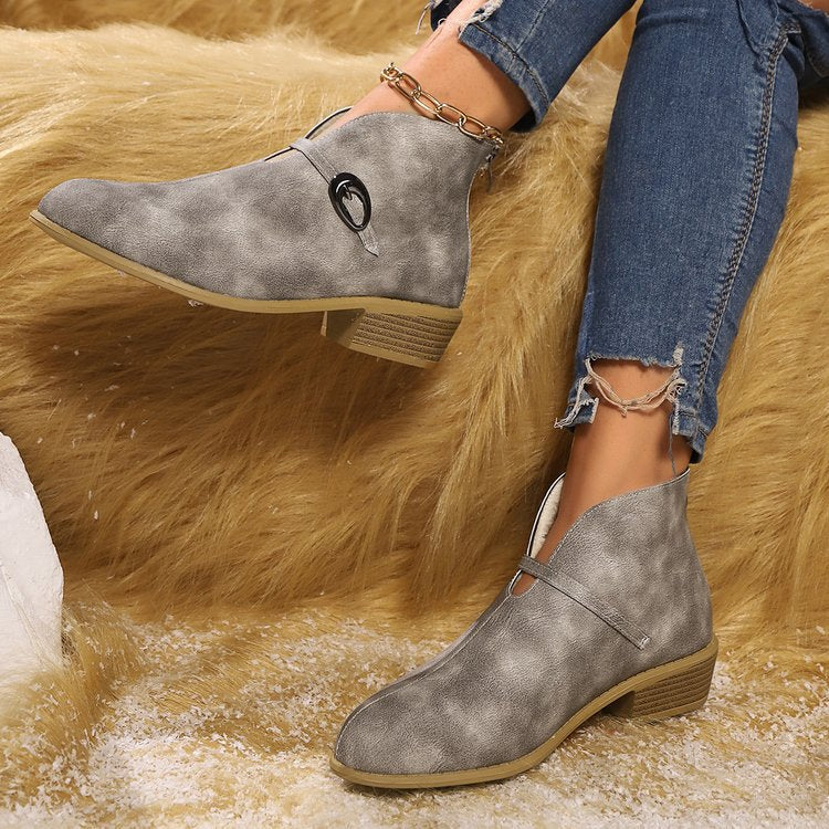 Women’s Ankle Boots – Pointed Toe – Buckle Strap – Low Block Heel – Sleek Fit