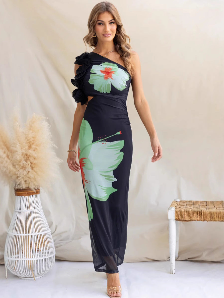 Women’s Bodycon Dress – One Shoulder – Ruffle Detail – Floral Print – Ankle Length