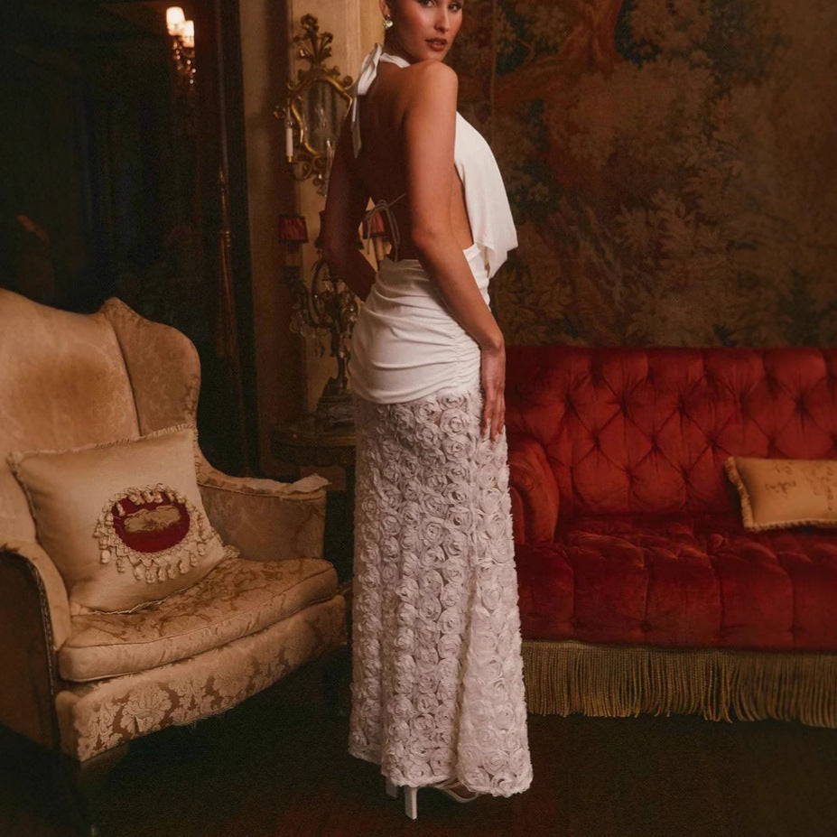 Women’s Evening Gown – Slim Fit – Silk-Like Halter Top – 3D Floral – Full-Length Skirt