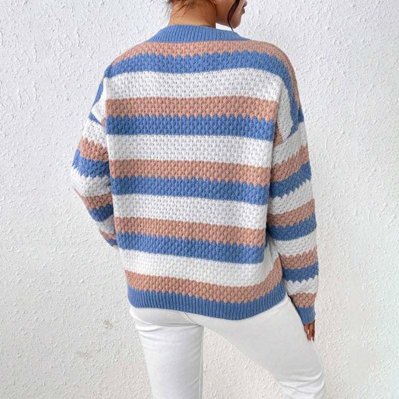 Women’s Sweater – Relaxed Fit – Striped Crew Neck Casual Pullover