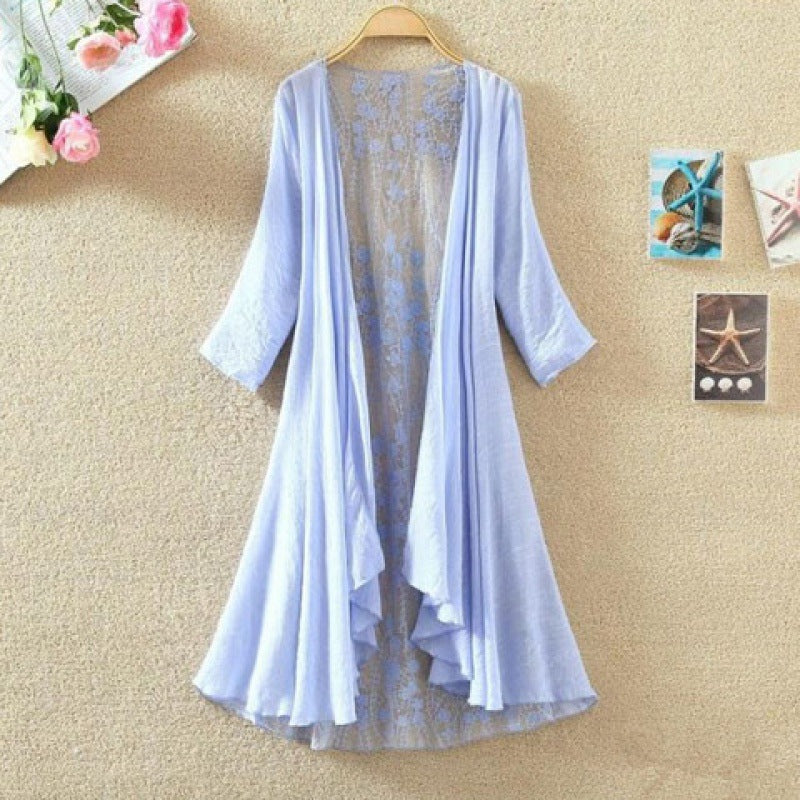 Women’s Mid-Length Cardigan – Loose Fit – Open Front – Lace Back – Breathable Blend