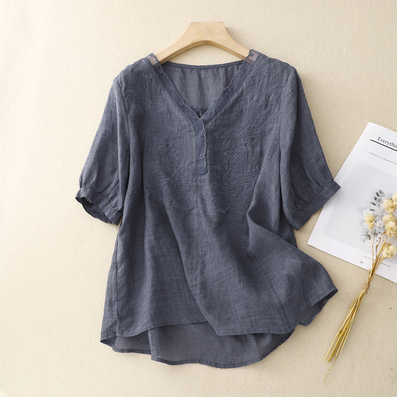 Women’s Short Sleeve Shirt – Loose Fit – V-Neck Embroidered – Breathable Blend