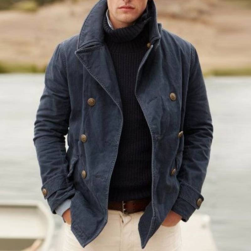 Men’s Jacket – Structured Fit – Double-Breasted – High Collar – Button Cuffs