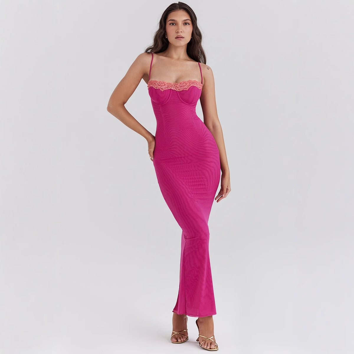 Women’s Maxi Dress – Slim Fit – Lace Trim – Sheer Hem – Structured Bodice