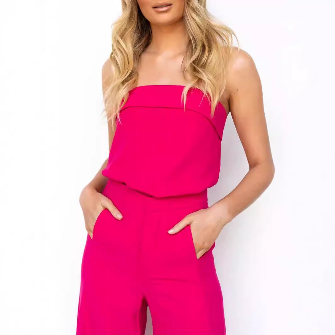 Women’s Two Piece Set – Strapless Top – High Waist Flared Pants – Relaxed Fit Breathable