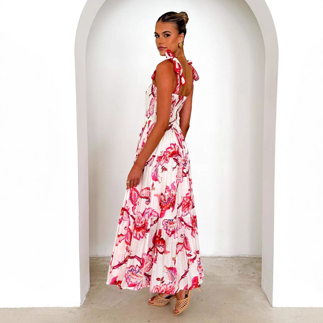 Women’s Maxi Dress – Shirred Bodice – Adjustable Straps – Tiered Skirt – Floral Print