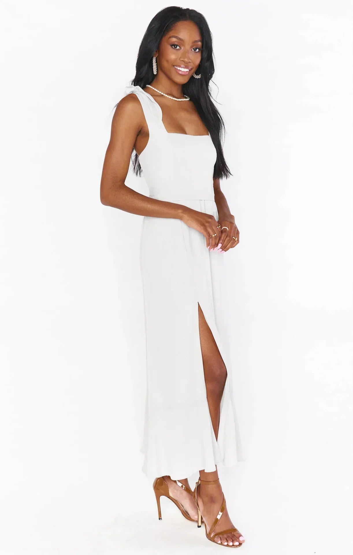 Women's Midi Dress - Square Neck - Sleeveless Bow Straps - Fitted Waist - Flared Hem