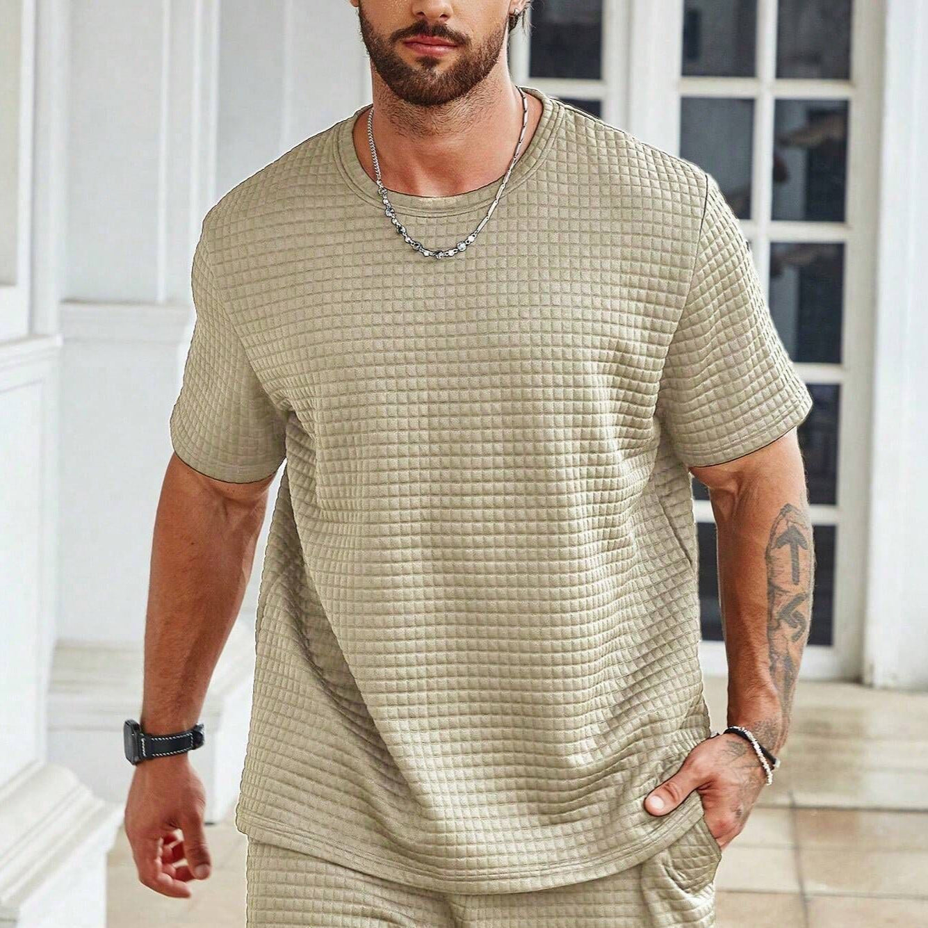 Men’s T-Shirt – Relaxed Fit – Soft Knit Grid Texture – Breathable Crew Neck Casual Wear