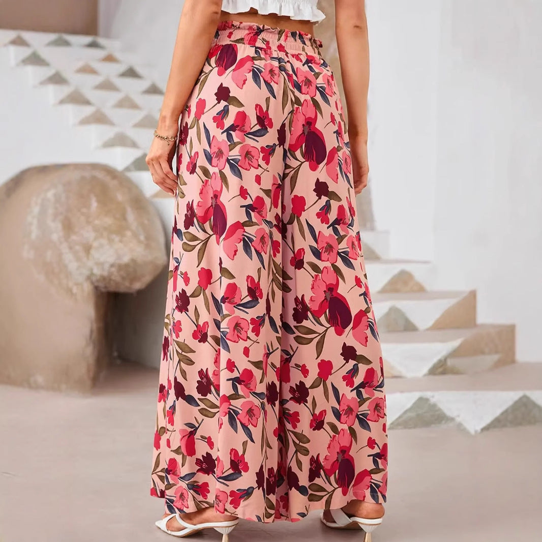 Women’s Wide-Leg Pants – Chiffon – High Waist – Floral Print – Drawstring Waist – Full Length