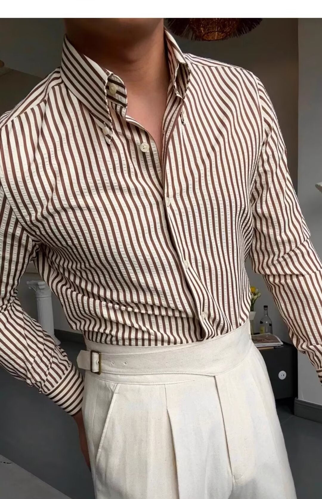 Men’s Long Sleeve Shirt – Tailored Fit – Cotton Blend – Striped Button-Down Formal Wear