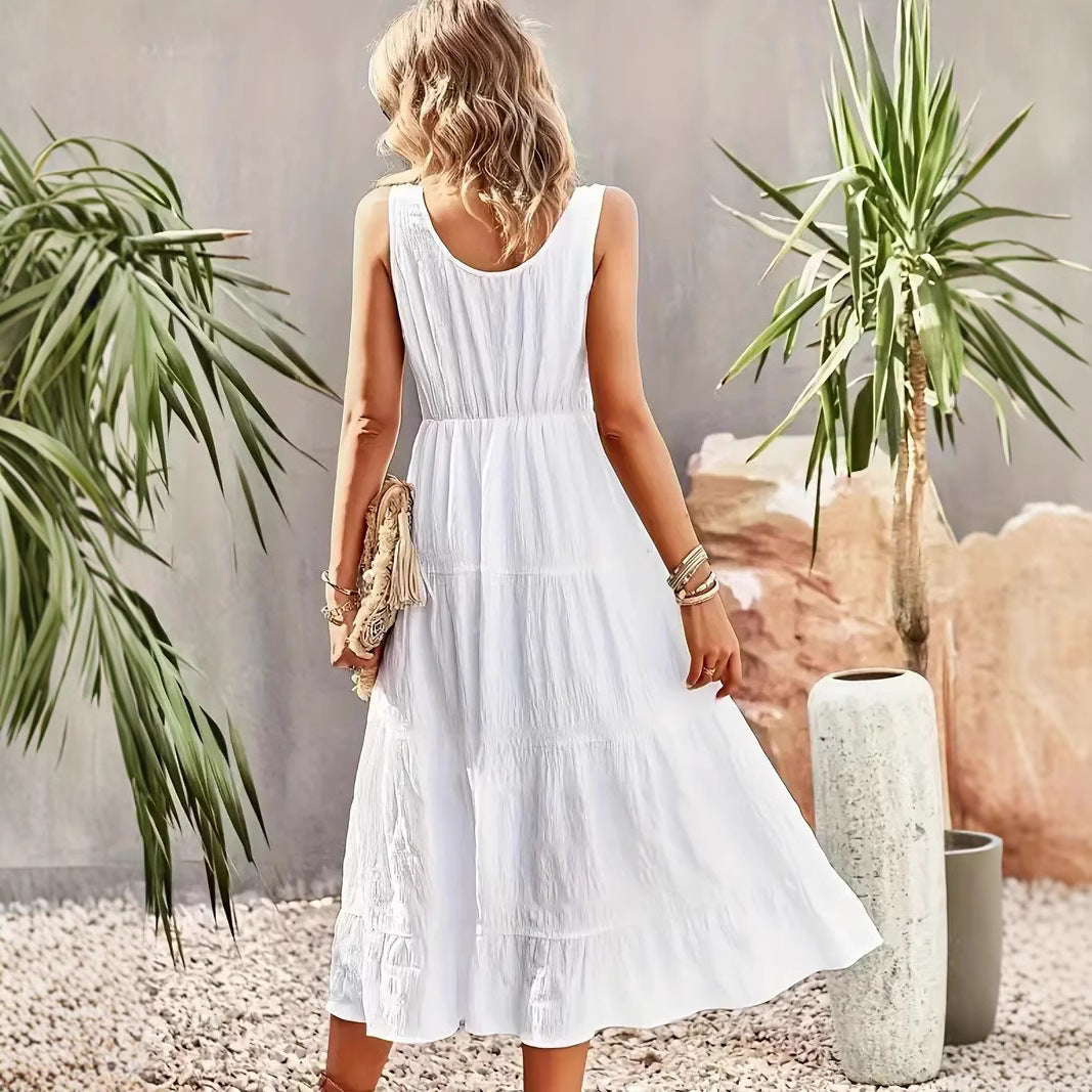 Women’s Maxi Dress – Sleeveless A-Line – U-Neck – Tiered Skirt – Button Front