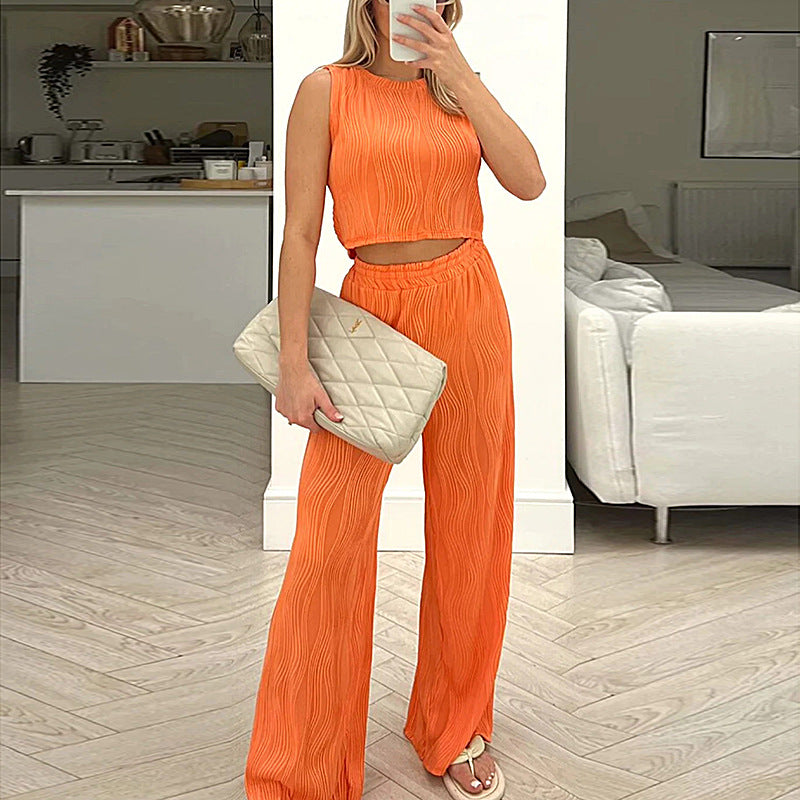 Women’s Two-Piece Set – Sleeveless Fitted Crop Top – High-Waist Straight-Leg Pants – Breathable Ripple Texture