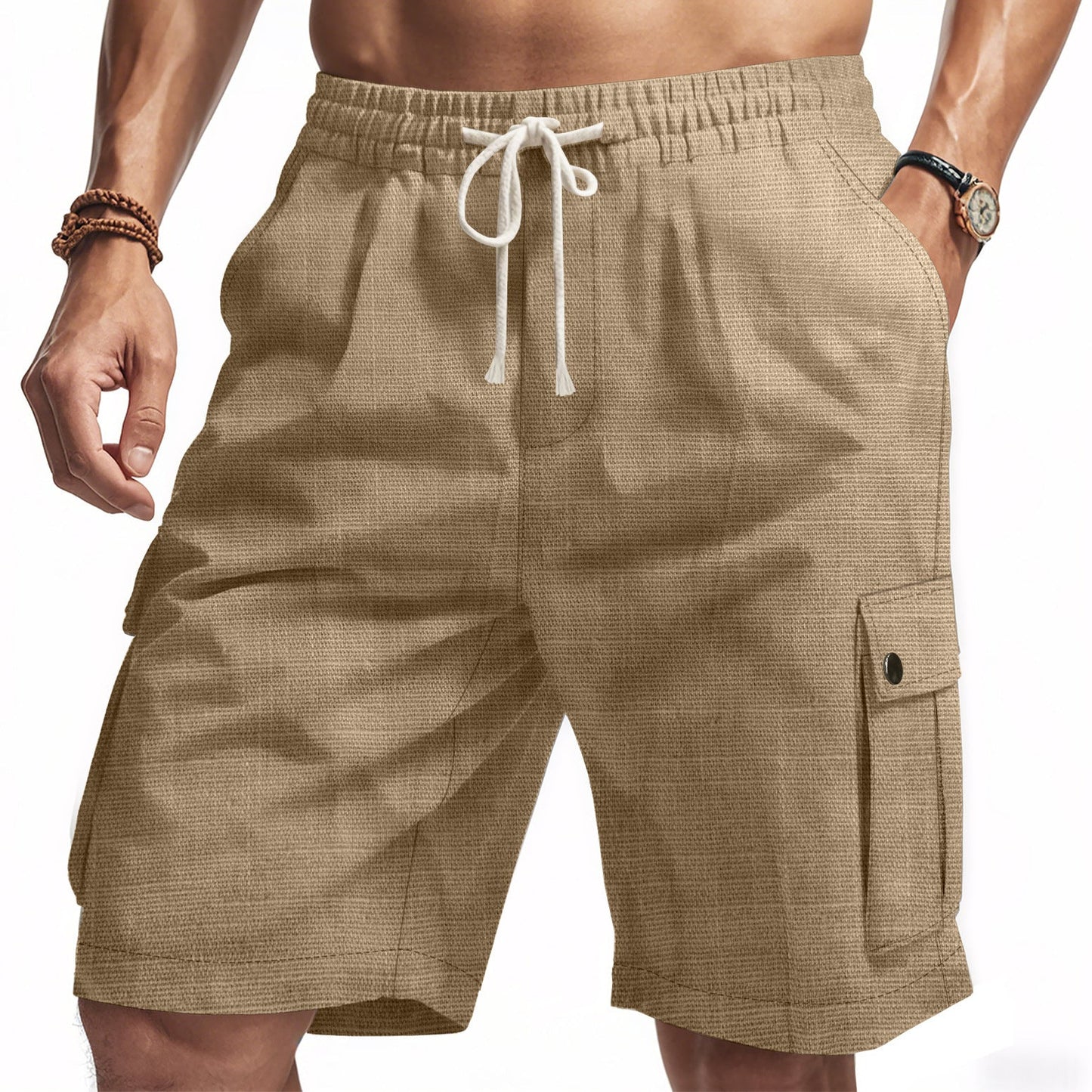 Men’s Cargo Shorts – Bamboo Linen Blend – Relaxed Fit – Elastic Waist – Multi-Pocket