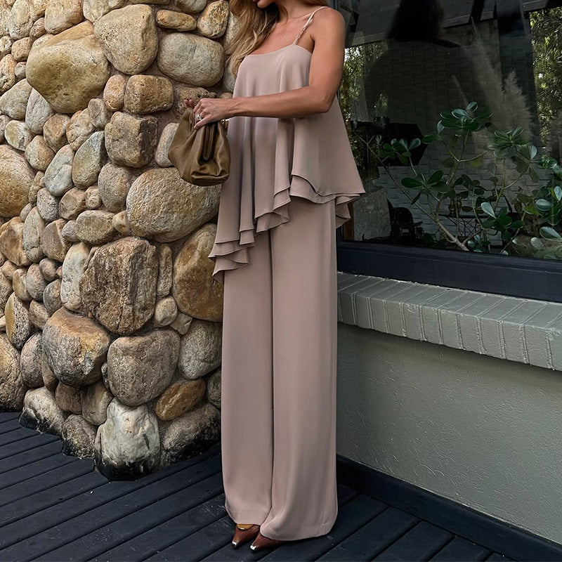 Women’s Two-Piece Set – Asymmetrical Draped Top – Sleeveless – Straight-Leg Pants – Relaxed Fit