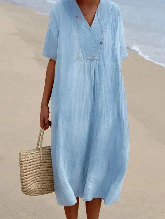 Women's Midi Dress - Loose Fit - V-Neck Short Sleeve - Lightweight Casual Wear