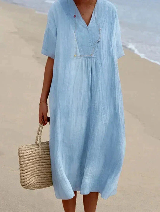 Women's Midi Dress - Loose Fit - V-Neck Short Sleeve - Lightweight Casual Wear
