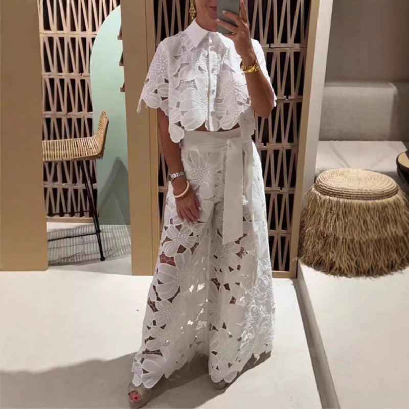 Women’s Two-Piece Set – Lace Crop Top – High Waist Wide-Leg Pants – Floral Sheer