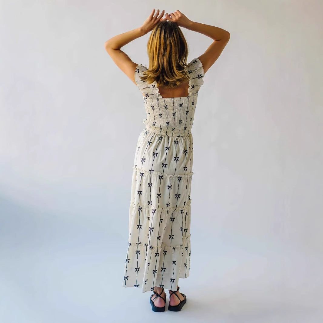 Women’s Maxi Slip Dress – Smocked Bodice – Ruffle Straps – Tiered Bow Print Skirt