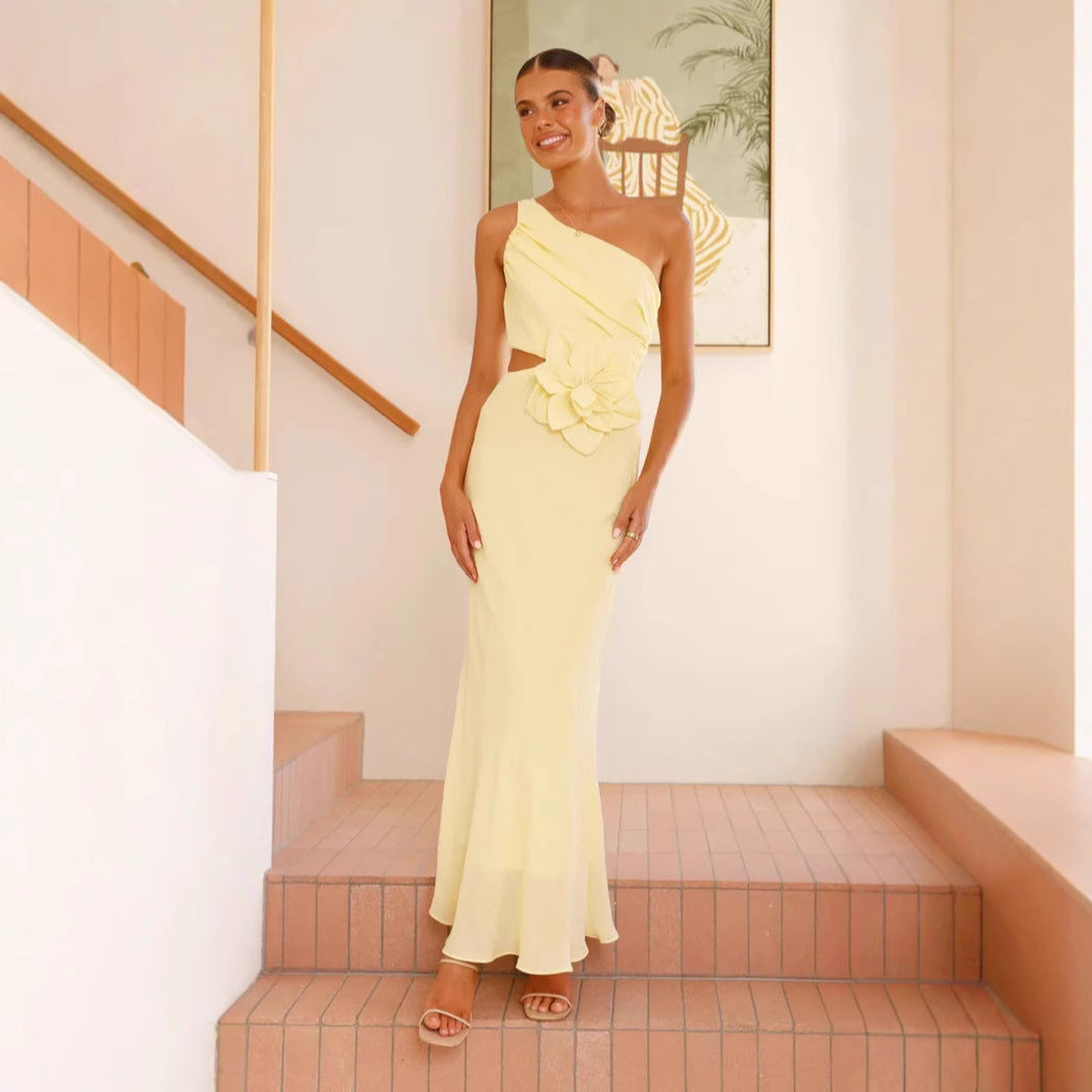 Women’s One-Shoulder Dress – Slim Fit – Cut-Out Waist – Floral Accent – Full Length