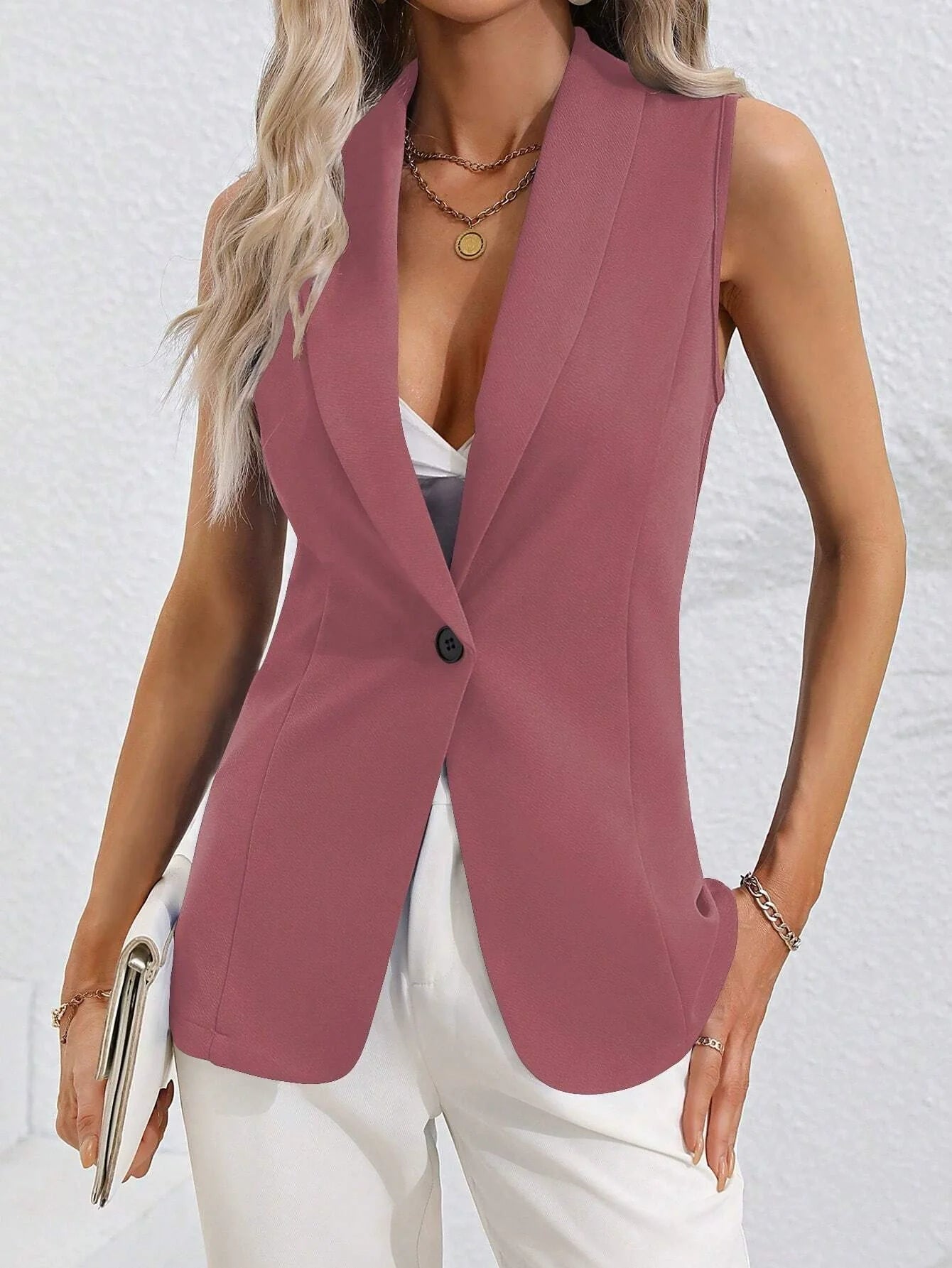 Women’s Sleeveless Blazer Vest – Slim Fit – Notched Lapel – Single Button Closure